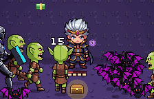 A moment of play: Archanist stands on the purple night ground while goblins, bats and an iron knight close in, and a chest glows at her feet.
